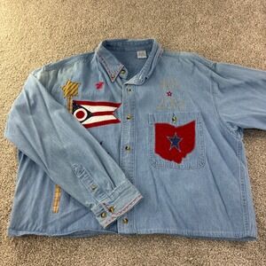Ohio Bicentennial Denim Shirt Women L Blue Patchwork Americana Vintage Retro
